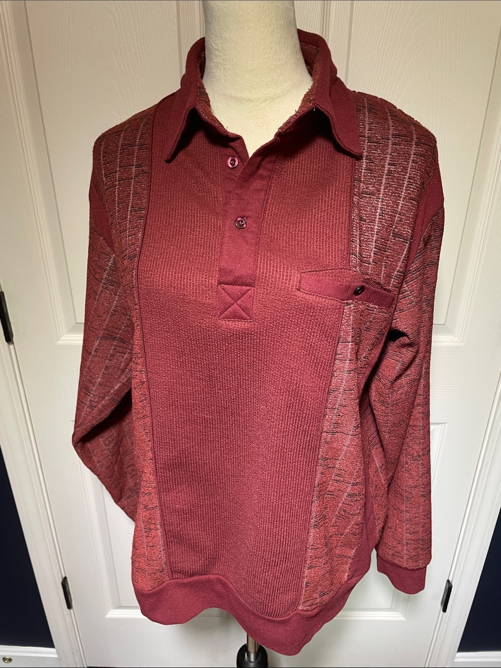 Vintage Haband Casual Joe Knit Polo Shirt Maroon Textured Panels Size Medium